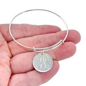 Vintage Sterling Silver 925 Monogram Disc Charm Bangle Bracelet 7.75"